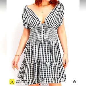 ASOS DESIGN shirred waist button front tiered mini Dress crinkle gingham size 14